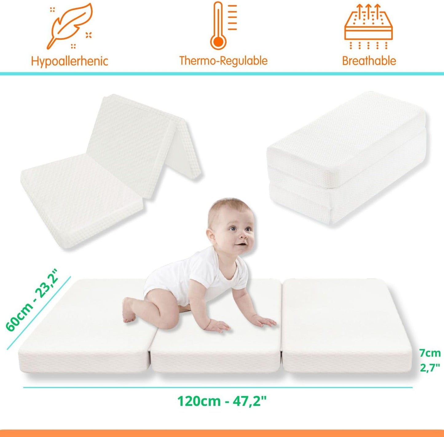 RUGUIES Bamboo Mattress- Colchón Cuna de Viaje 120x60cm para Máximo Confort- Infantil Plegable y Portátil- Funda Extraible de Algodón de Bambú- Colchoneta Suelo para Bebés- Hipoalegenico- Oeko Tex.