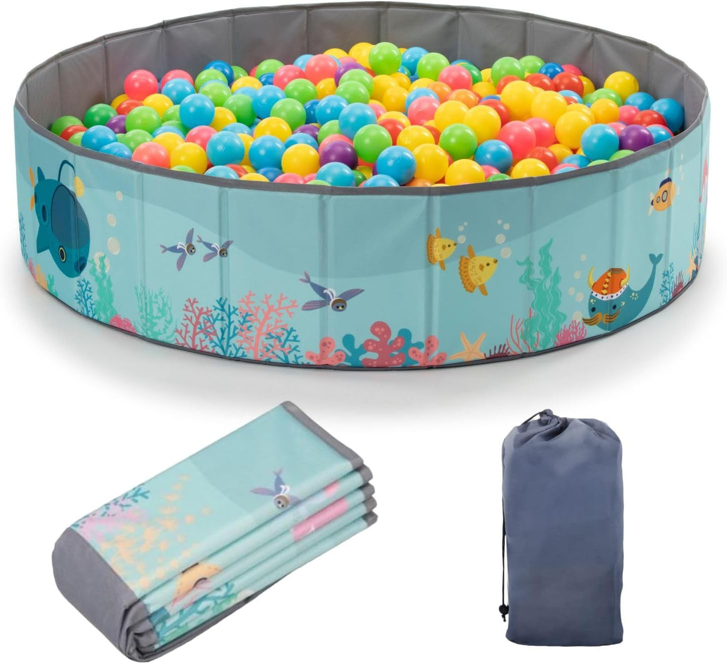 RUGUIES- Piscina de Bolas para Niños hasta 3 Años-Parque de Bolas Infantil-Piscina Bolas Redonda para Bebés-Plegable y Portátil-Cubo Juguetes Interior y Exterior- 80x26cm-(Bolas no Incluidas)OCEAN