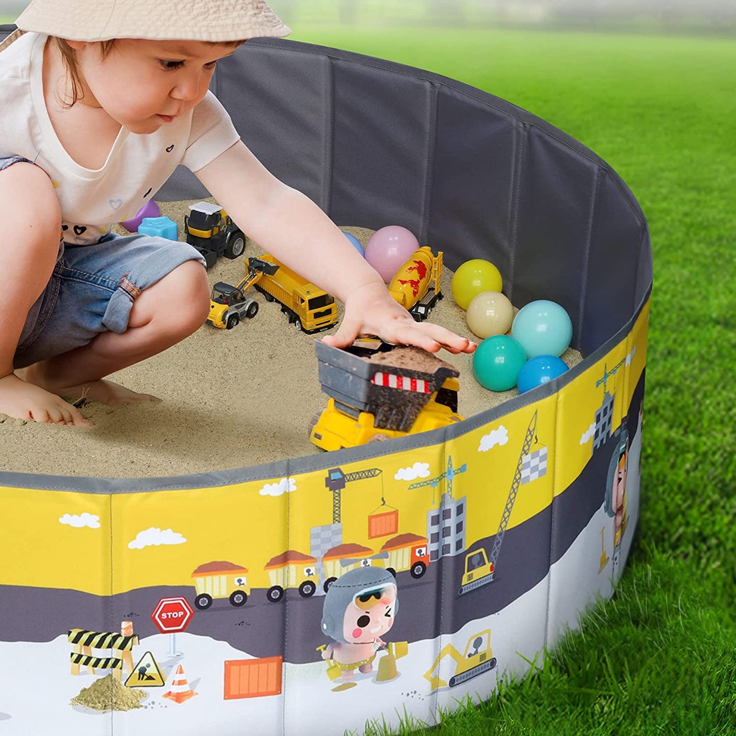 RUGUIES- Piscina de Bolas para Niños hasta 3 Años-Parque de Bolas Infantil-Piscina Bolas Redonda para Bebés-Plegable y Portátil-Cubo Juguetes Interior y Exterior- 80x26cm-(Bolas no Incluidas) CONSTRUCTIONS