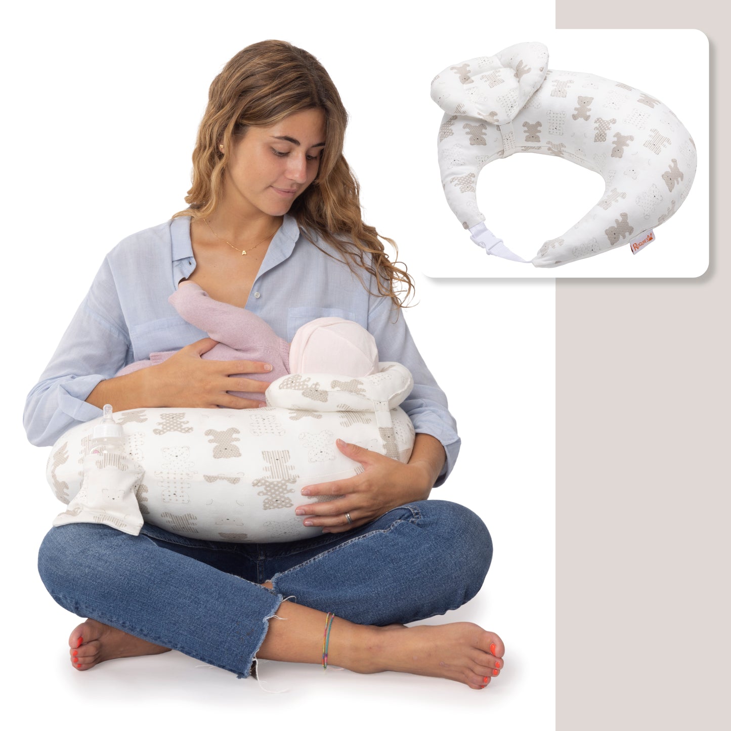 RUGUIES- Breastfeeding Cushion-Adjustable and Ergonomic Breastfeeding Pillow-Breastfeeding and Pregnancy Cushion-Removable and Washable Cover 100% Cotton-Support Pillow at 45º Antireflux Maximum Comfort (Bears) 