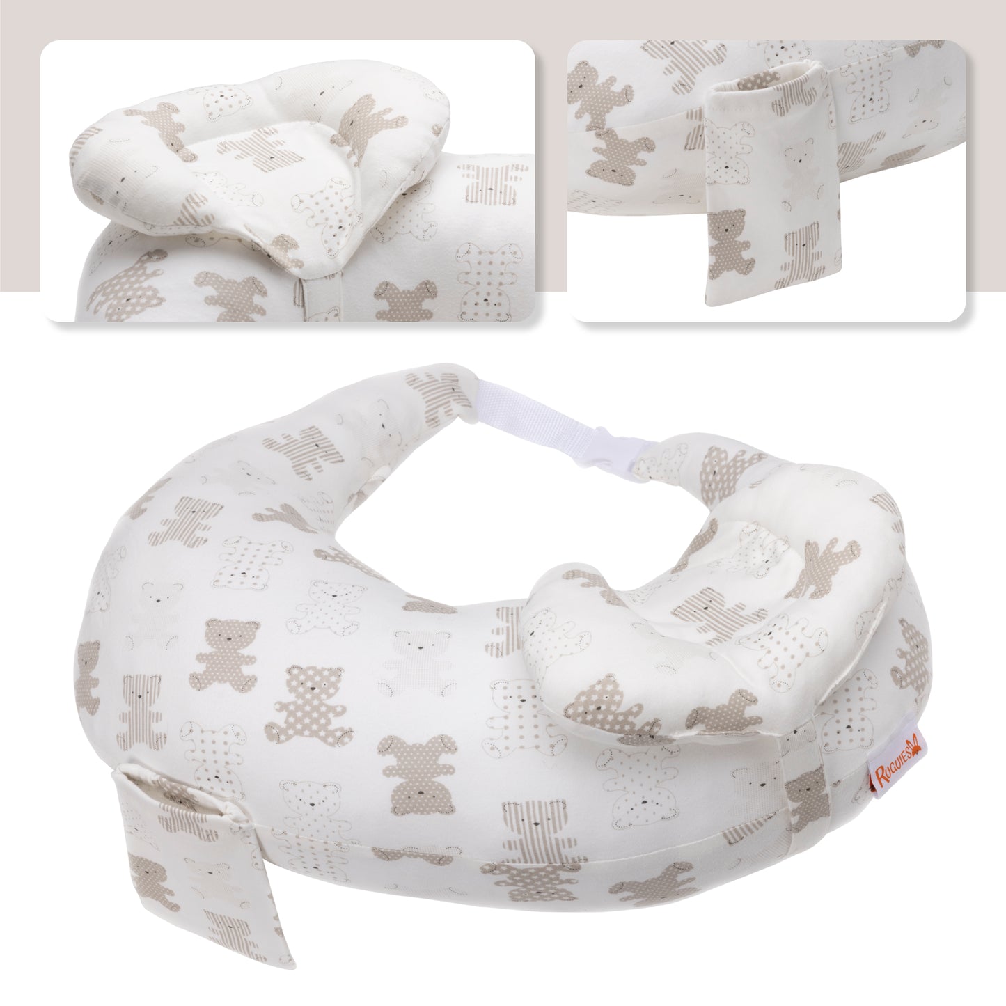 RUGUIES- Cojín Lactancia-Almohada de Lactancia Ajustable y Ergonómica-Cojín de Lactancia y Embarazo-Funda Extraíble y Lavable 100% Algodón-Almohada de Apoyo a 45º Antireflujo Máximo Confort (Bears)