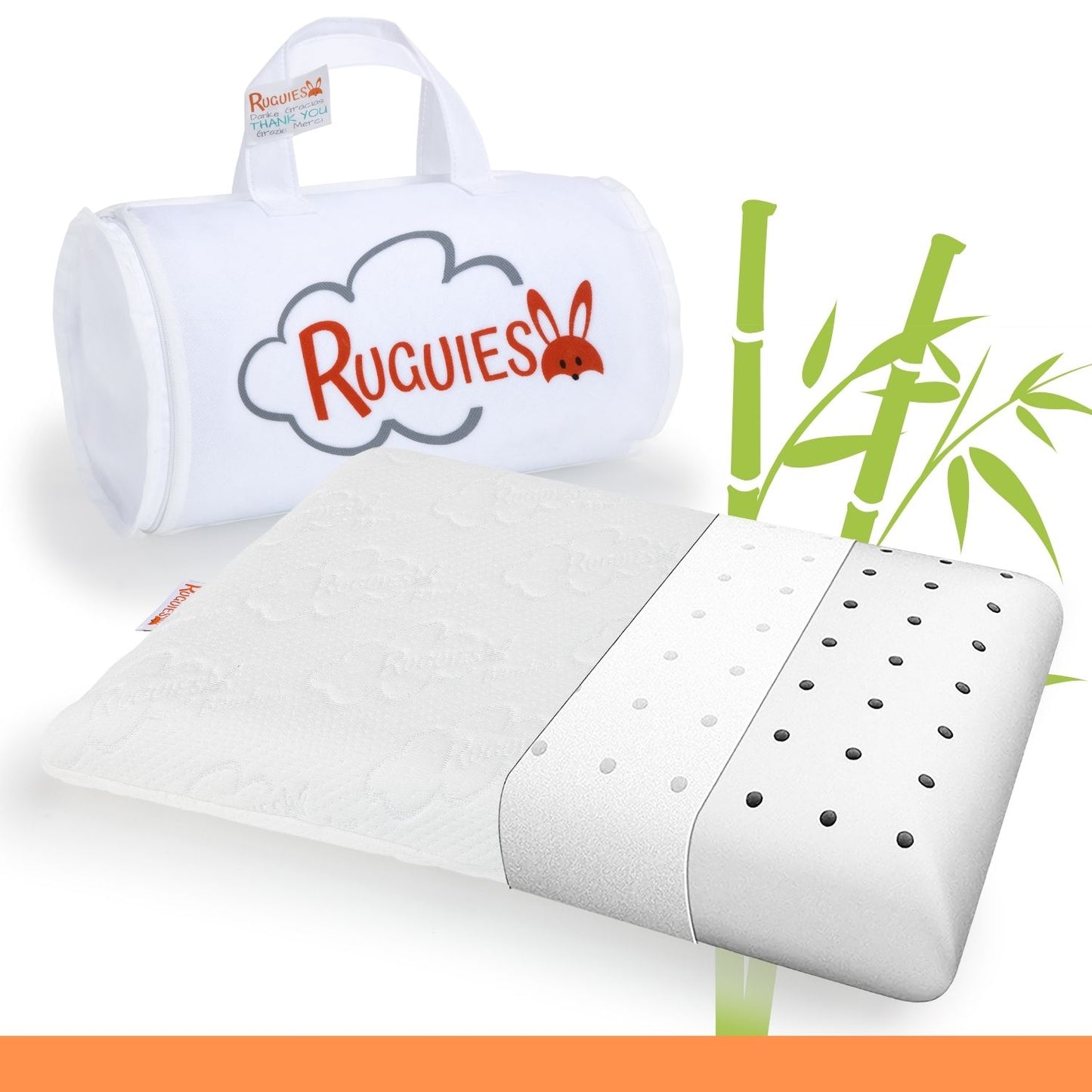 RUGUIES Bamboo-Almohada para Niños y Bebés de Viscoelástica Transpirable-Cojín Infantil-Funda Lavable de Algodón Orgánico de Bambú-Oeko-Tex-De 1 a 10 años XL (58x32x7cm)-Bolsa Viaje Incluída.