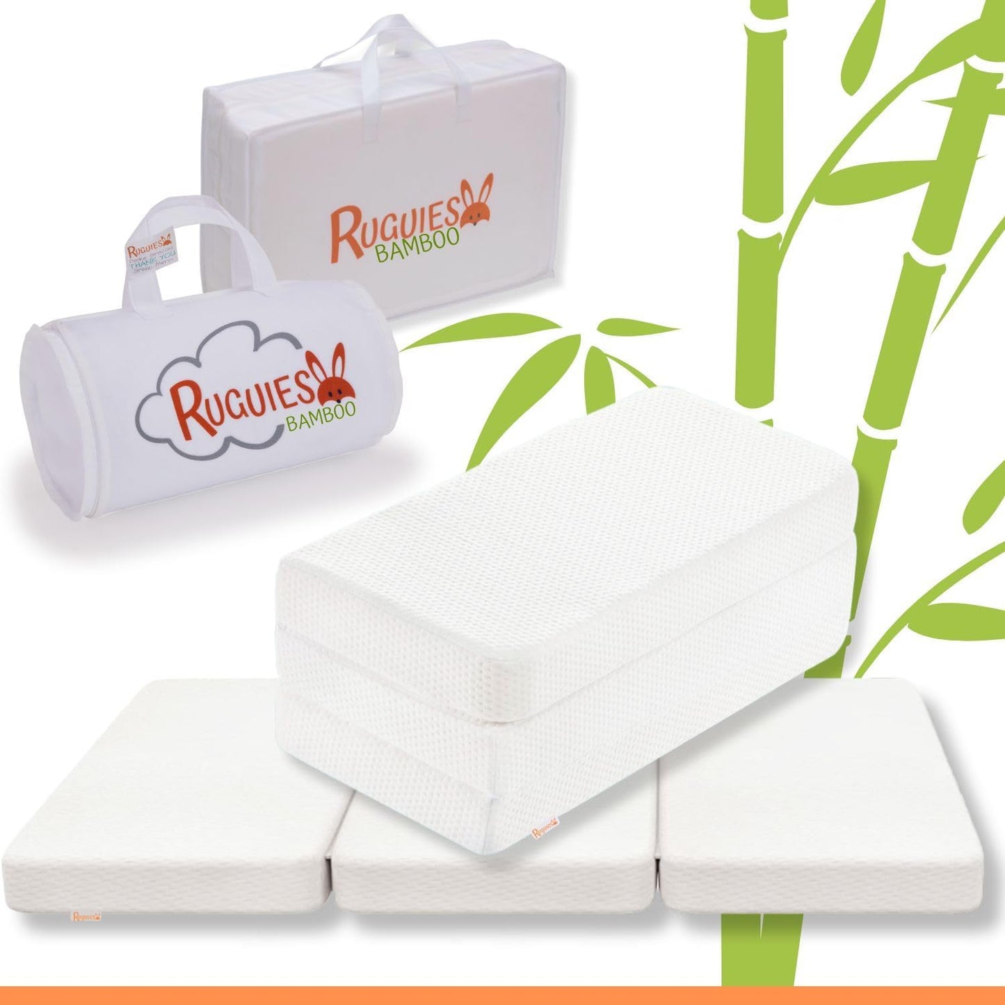 RUGUIES Bamboo Mattress- Colchón Cuna de Viaje 120x60cm para Máximo Confort- Infantil Plegable y Portátil- Funda Extraible de Algodón de Bambú- Colchoneta Suelo para Bebés- Hipoalegenico- Oeko Tex.