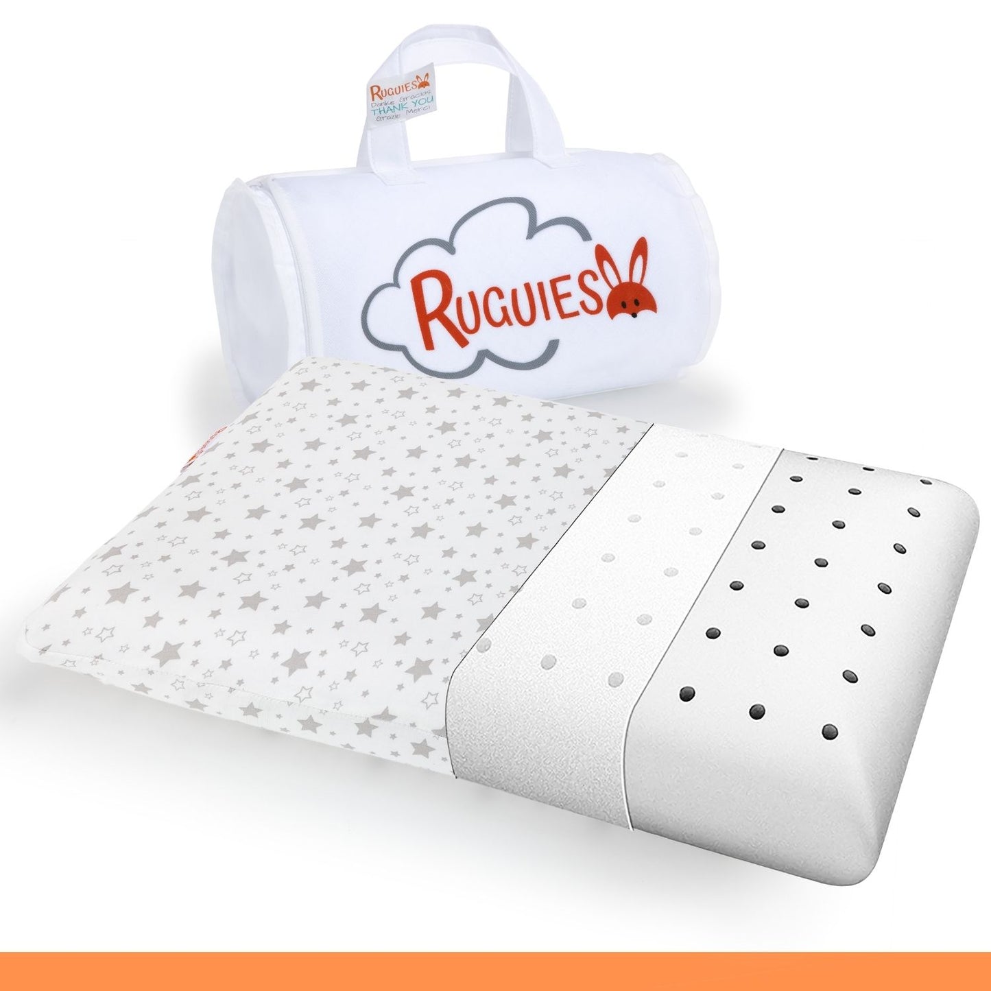 RUGUIES- Oreiller à Mémoire de Forme, Hypoallergénique et Respirant pour Enfants et Bébés-Coussin Enfant-Housse Lavable 100% Coton-Oeko-Tex- 1 à 10 ans XL (58x32x 5-7cm)- Sac de Voyage Inclus. 