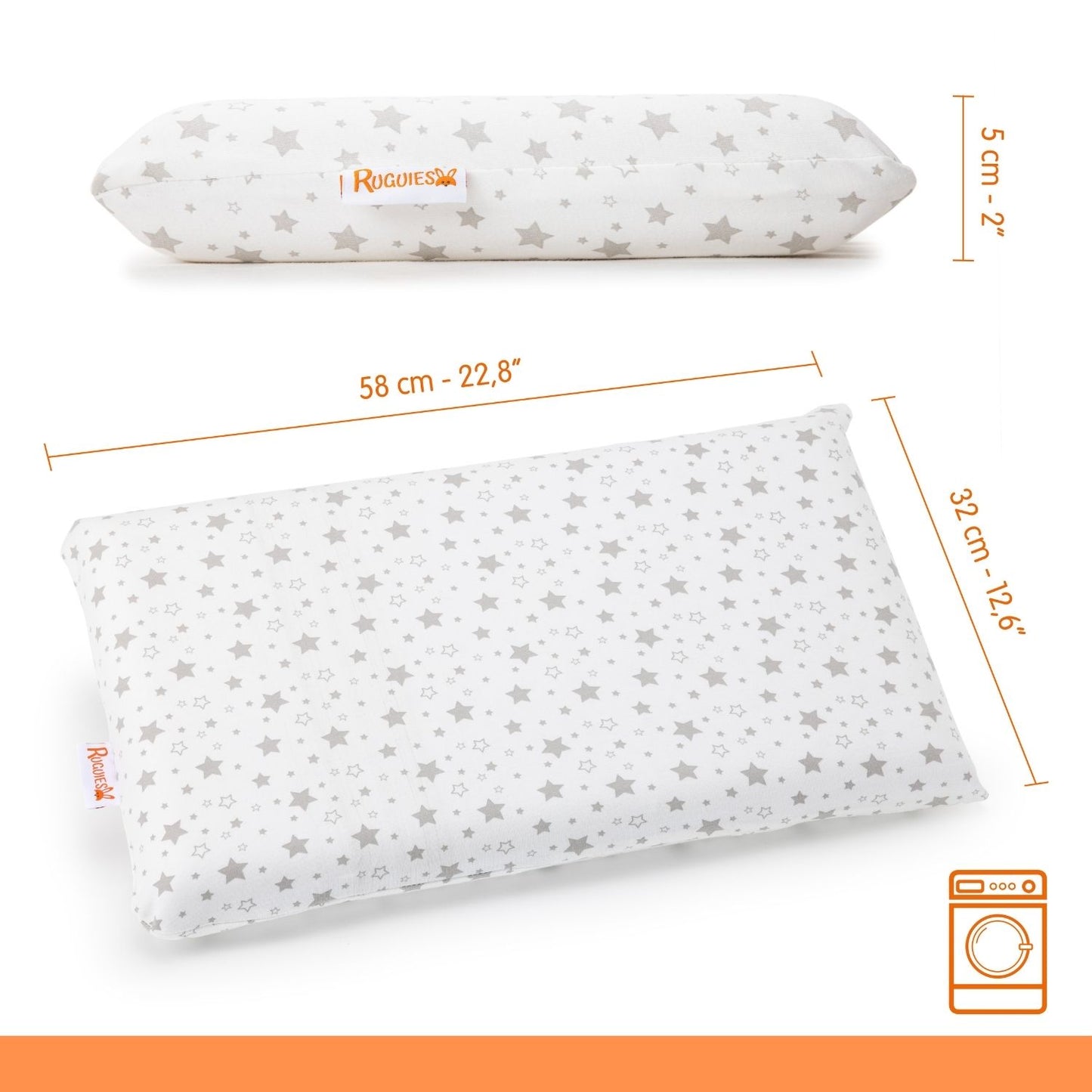 RUGUIES- Almohada para Niños y Bebés de Viscoelástica, Hipoalergénica y Transpirable-Cojín Infantil-Funda Lavable de Algodón 100%-Oeko-Tex- 1 a 10 años XL (58x32x 5-7cm)- Bolsa Viaje Incluída.