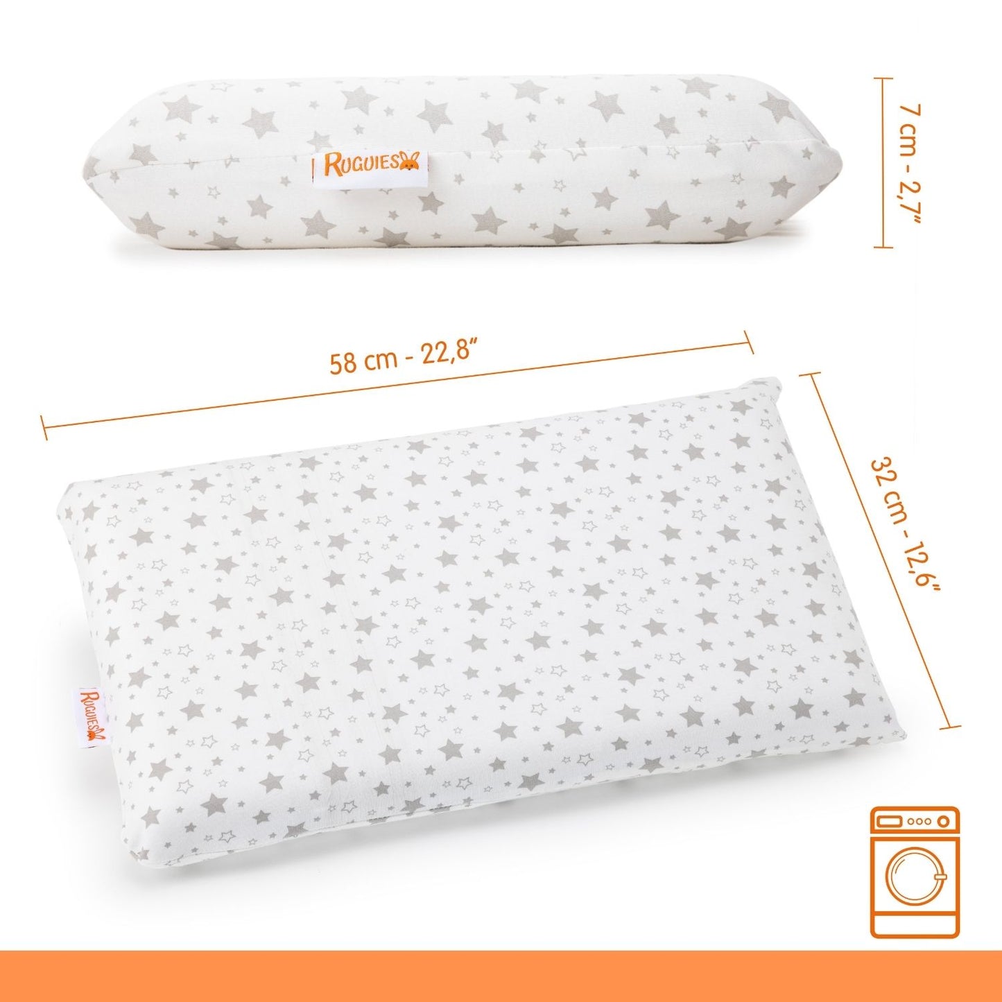 RUGUIES- Oreiller à Mémoire de Forme, Hypoallergénique et Respirant pour Enfants et Bébés-Coussin Enfant-Housse Lavable 100% Coton-Oeko-Tex- 1 à 10 ans XL (58x32x 5-7cm)- Sac de Voyage Inclus. 