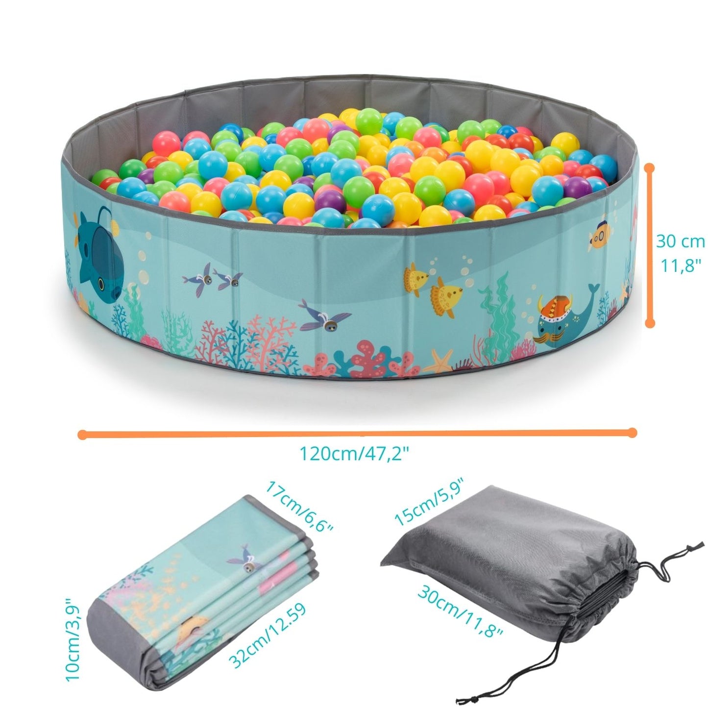 RUGUIES- Piscina de Bolas para Niños hasta 3 Años-Parque de Bolas Infantil-Piscina Bolas Redonda para Bebés-Plegable y Portátil-Cubo Juguetes Interior y Exterior- 80x26cm-(Bolas no Incluidas)OCEAN