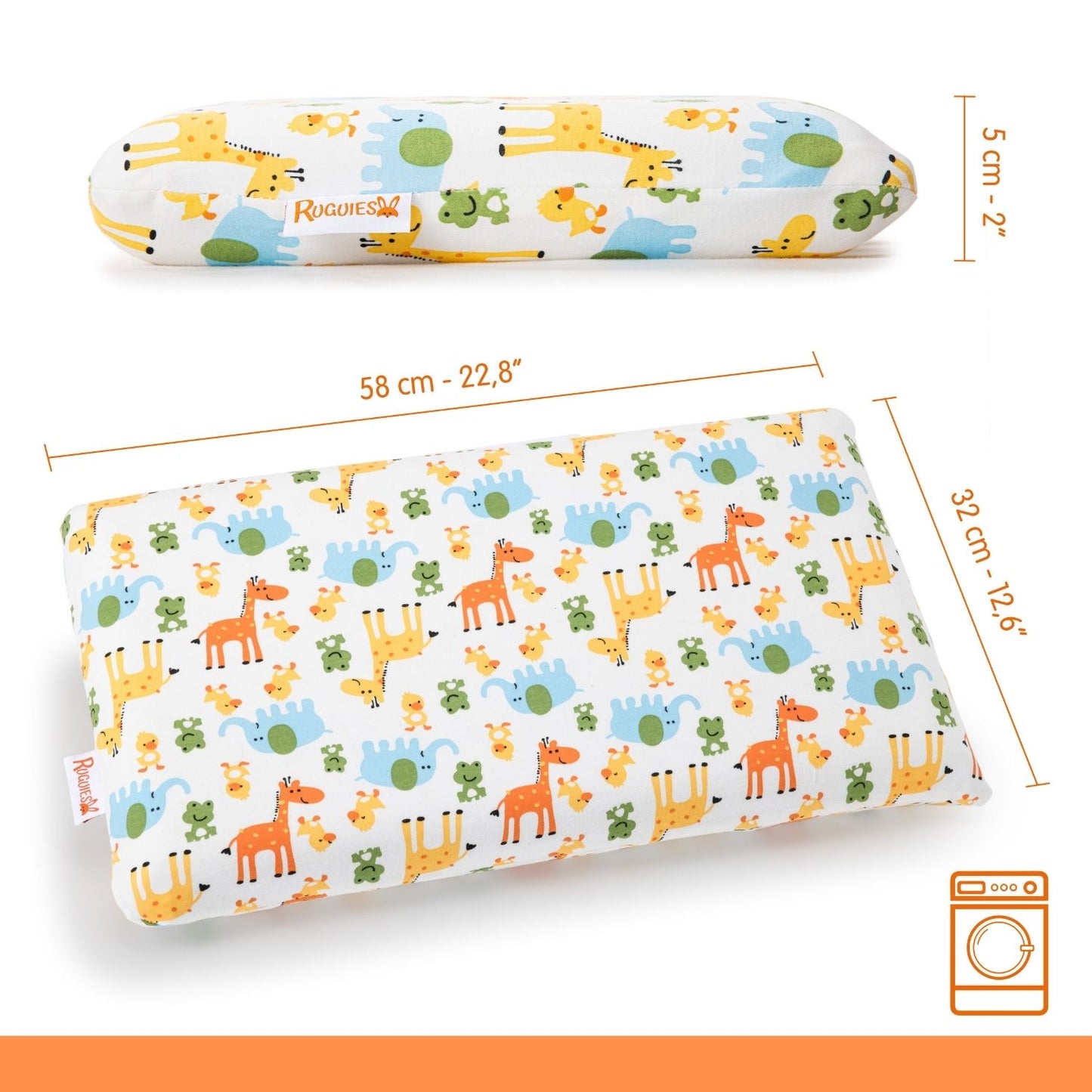 RUGUIES- Oreiller à Mémoire de Forme, Hypoallergénique et Respirant pour Enfants et Bébés-Coussin Enfant-Housse Lavable 100% Coton-Oeko-Tex- 1 à 10 ans XL (58x32x 5-7cm)- Sac de Voyage Inclus. 